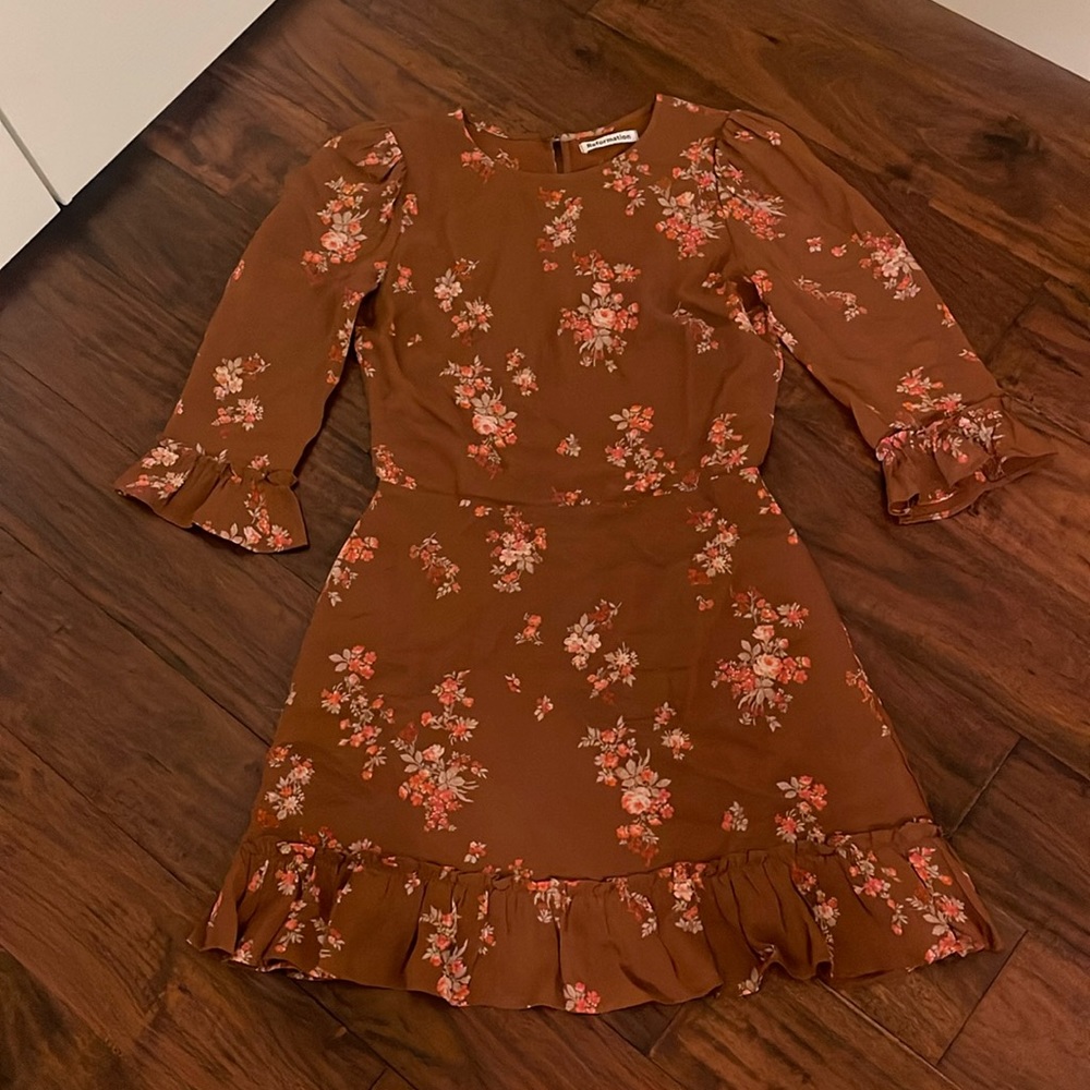 Brown pink floral reformation ruffle skirt 3/4 long sleeve dress